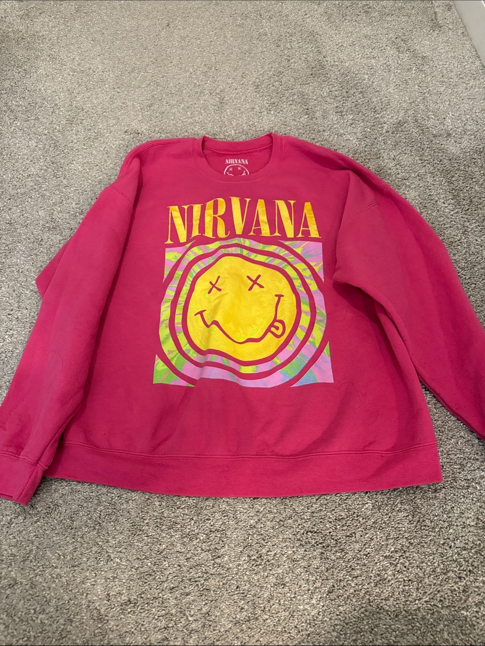 NIRVANA Bright Pink women’s Sweatshirt with Yellow Smiley Graphic